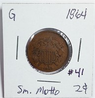 1864  Small Motto  2 Cent Piece   G