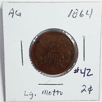 1864  Large Motto  2 Cent Piece   AG