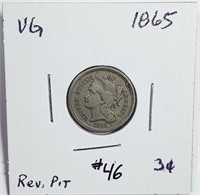 1865  Three Cent Nickel   VG  Rev. Pitted