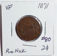 1871  2 Cent Piece   VF