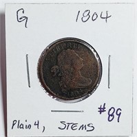 1804  Plain 4 , Stems   Half Cent   G