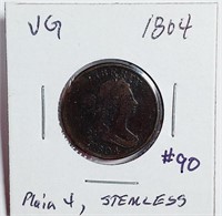1804  Plain 4 , Stemless  Half Cent   VG