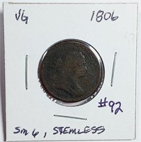 1806  Small 6, Stemless  Half Cent   VG