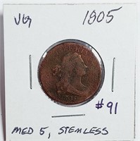 1805  Med 5,  Stemless  Half Cent   VG