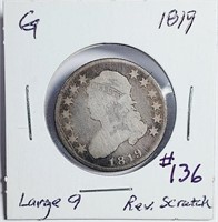 1819  Large 9  Capped Bust Quarter  G  Rev scratch