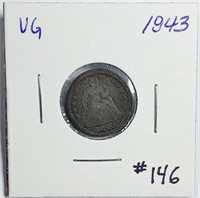 1843  Seated Liberty Dime   VG
