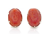 Antique carved coral cameo set yellow gold stud