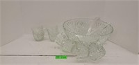 Glass Punch Bowl, 8 Glass Cups with hooks, and