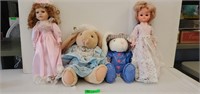 2 Stuffted Bunnies and 2 Dolls