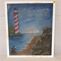 Lighthouse & Sail Ship Painting on Screen Window