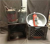Kerosene Cans, Aluminum Wash Pan, Milk Crates