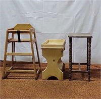 Wooden Highchair & (2) Plant Stands