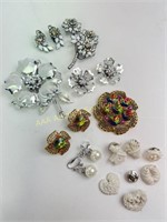 Costume jewelry- white and AB brooch and clip on