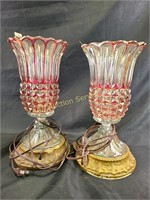 Pair ruby stained glass lamps on plaster bases -