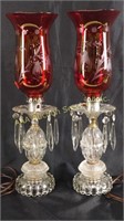 Pair electric mantel lusters with ruby etched