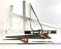 Dry wall t-square, hand saws, level, metal rod