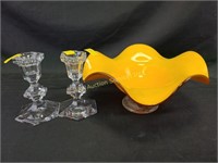 Mid century glass bowl, two candleholders