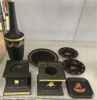 WEDGEWOOD, SAUCERS, VASE, CANDLE HOLDERS