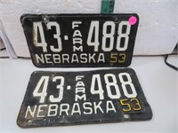 1953 Nebraska Farm License Plate Set 43-488