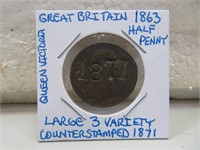 1883 Great Britain Half Penny- counter stamped 187