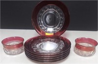 6 Tiffin Kings Crown Ruby Plates + 2 Bowls