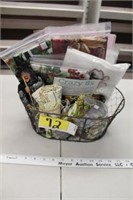 basket with patter books, fabric, panels, buttons