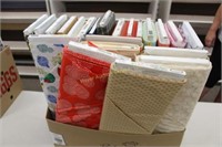 box w/bolts of fabric & pattern books
