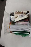 box of fabric ruler, rickrack, cd, etc