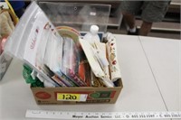 box of fabric ruler, rickrack, cd, etc