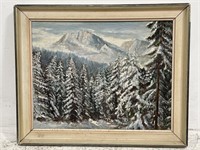 Signed, framed oil on canvas, winter mountain