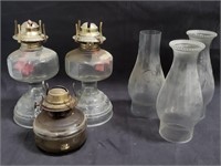 3 vintage kerosene lamps with glass chimneys