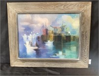 Framed oil on canvas dockside scene