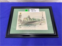 Water Color Lithograph of Paris Scene by Janicotte