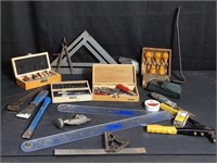 Box of assorted tools: router lot, X-acto knife