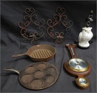 Box of miscellaneous cast iron pan, lamp table,