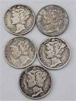 5 1940's Silver Mercury Dimes