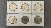 6- 1964 Kennedy Half Dollars