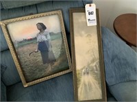 2 Vintage Framed Pictures, 20"x 7", Horse, Village