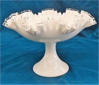 Vtg Fenton Milk Glass Silver Crest Pedestal Bowl