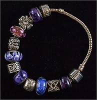 Silver Bracelet with Blue and Purple Charms