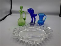 Set of 3 Glass Figurines and Divided Dish