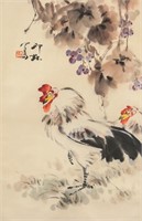 Chinese Watercolor Chicken on Scroll Signed