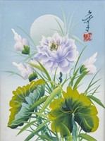 Chinese Acrylic on Canvas Signed Flowers