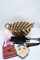 Basket w/Vintage Handbags & Jewelry Display