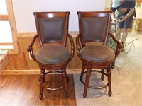 Pair of Swivel Bar Stools - Wood and Leather