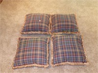 Set of 4 Plaid Throw Pillows with Gold Fringe