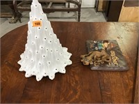 White Ceramic Christmas Tree, Wood Dog, Wall Art