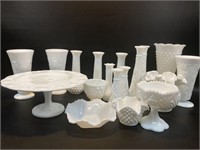 Milk Glass Collection, Cake Stand, Vases, Etc.