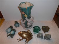 Ceramic frog vase 12in tall, lg brass frog 6in