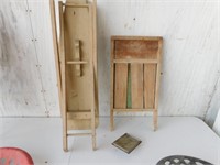 Wood ironing board, washboard, tin lid